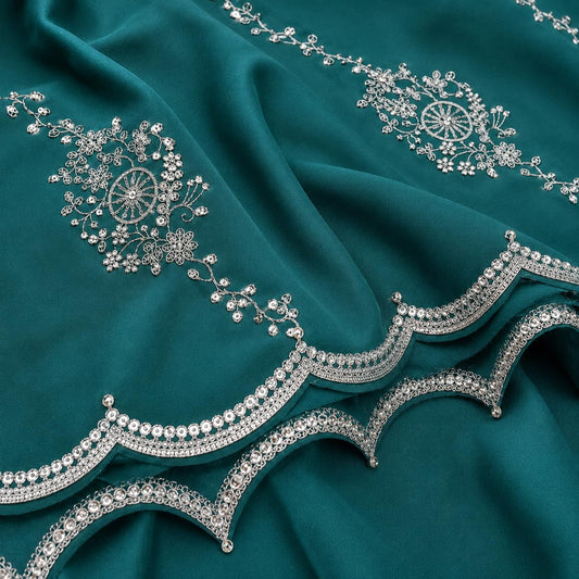 Firozi Green Saree with Silver Sequin Floral Vine Work & Scalloped Border