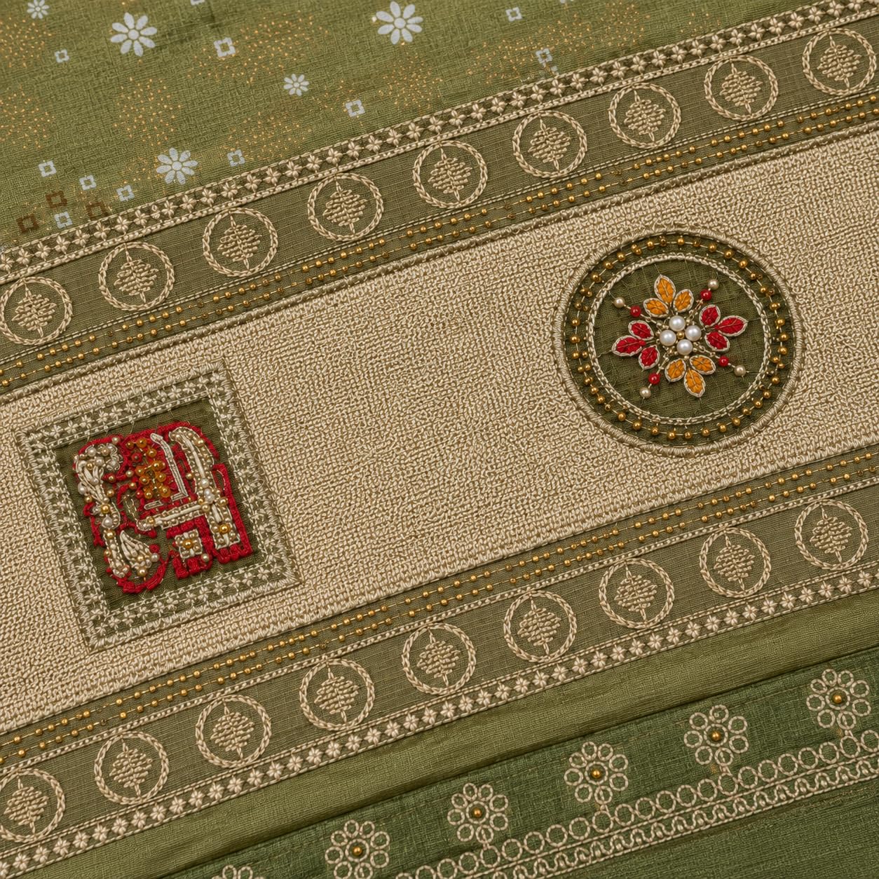 Bandhani Print, Antique Gold Zari Pallu, Elephant Motifs, Floral Medallions