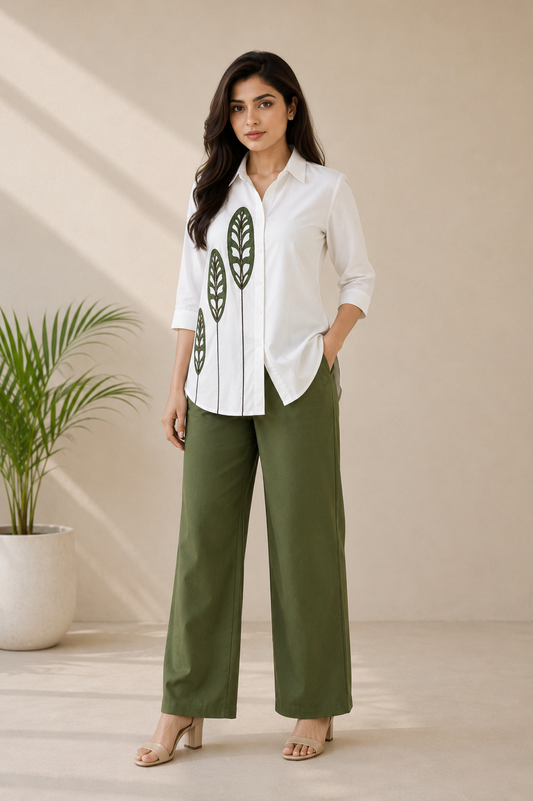 White Printed Cotton Blend Co-Ord Set with Olive Green Straight Pant