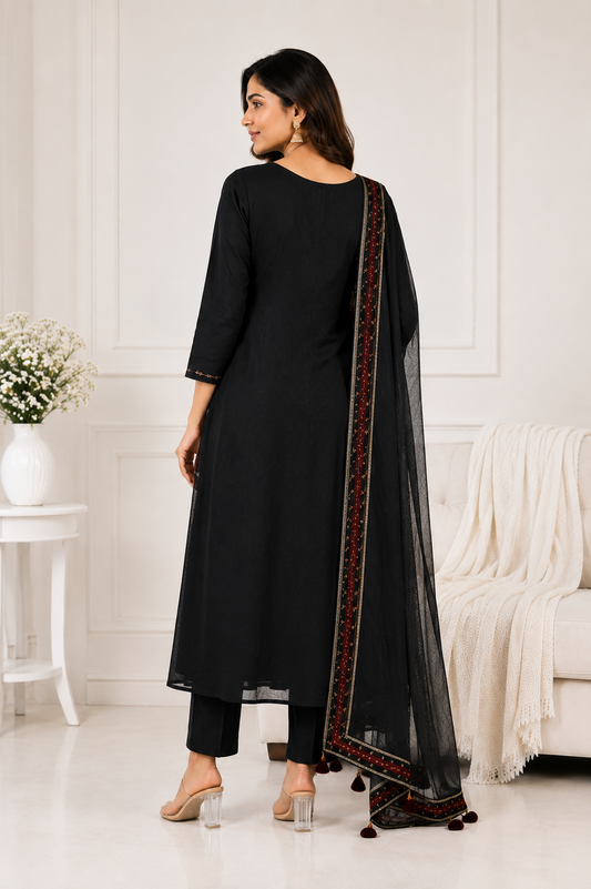 Black Embroidered Anarkali Kurta Set with Dupatta