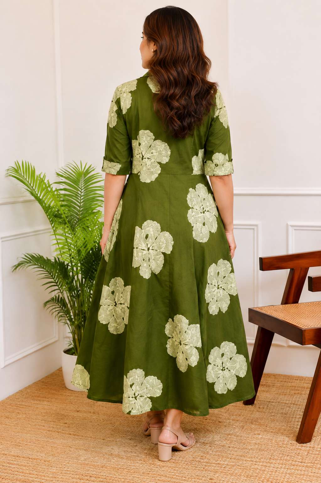Olive Green Floral Printed Collared Button-Down Midi Dress