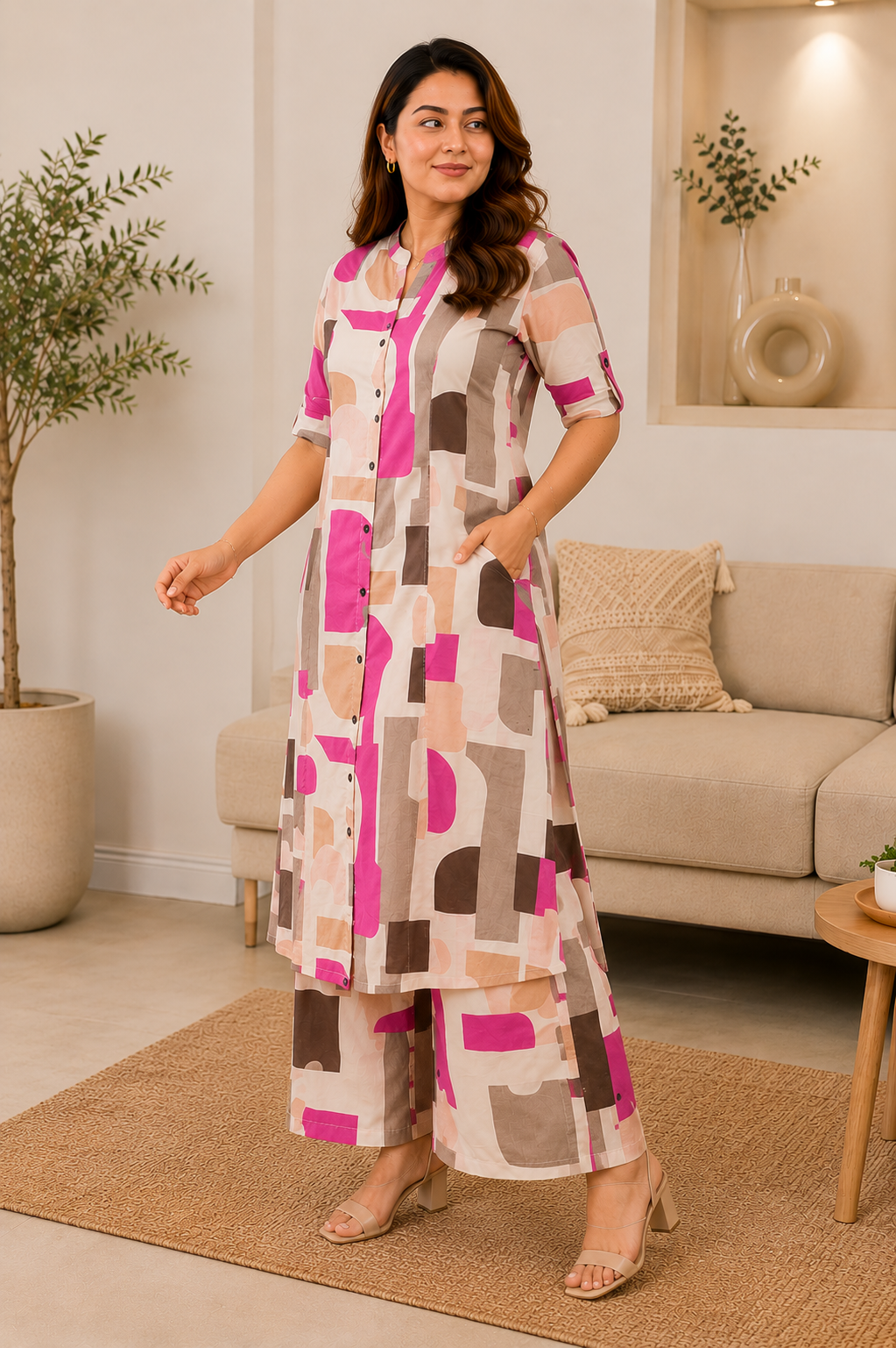Blush Mosaic Pink Abstract Printed Cotton Co-Ord Set