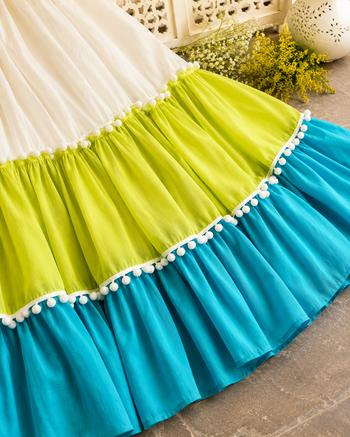 Women's White Color Block Tiered Maxi Dress | Lime & Teal Boho Flare Dress
