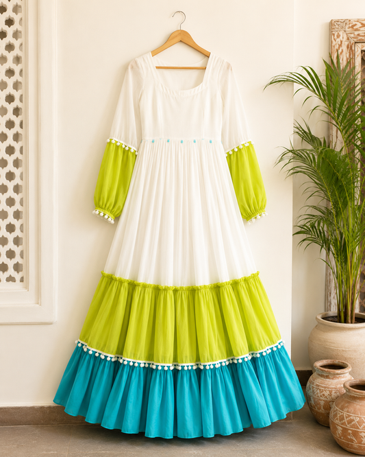 Women's White Color Block Tiered Maxi Dress | Lime & Teal Boho Flare Dress