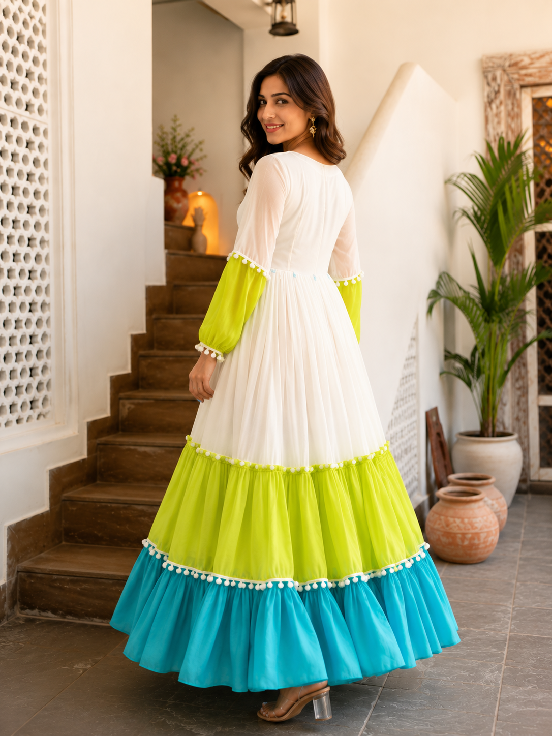 Women's White Color Block Tiered Maxi Dress | Lime & Teal Boho Flare Dress