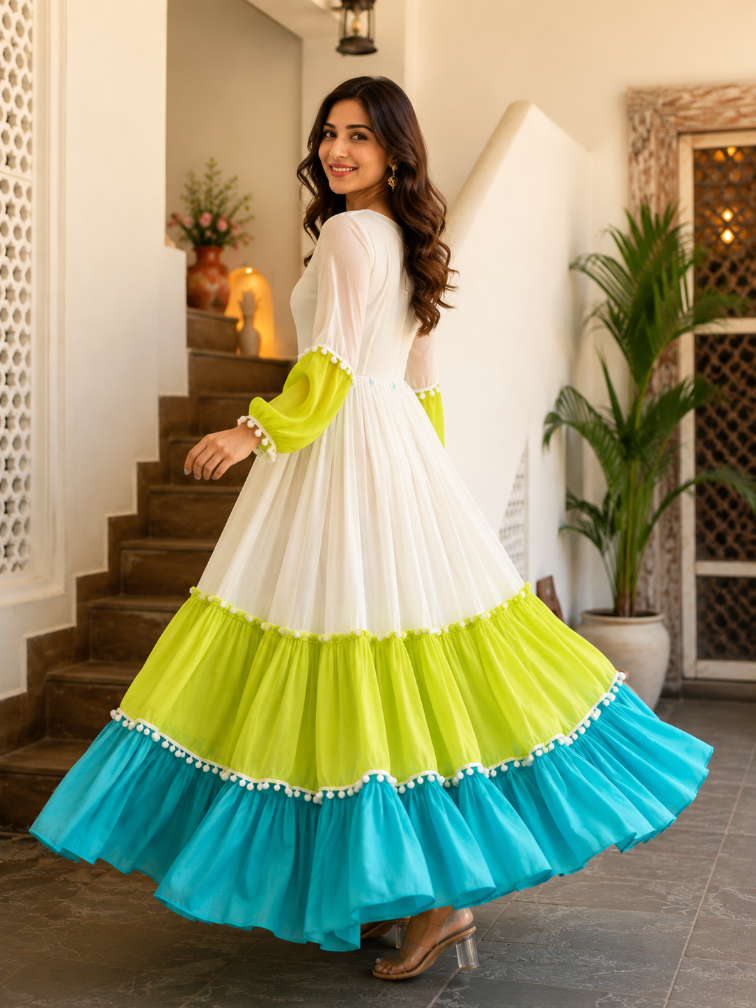 Women's White Color Block Tiered Maxi Dress | Lime & Teal Boho Flare Dress