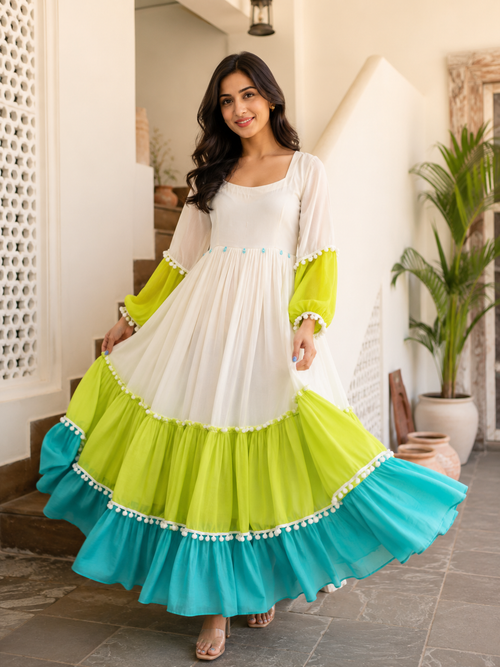 Women's White Color Block Tiered Maxi Dress | Lime & Teal Boho Flare Dress
