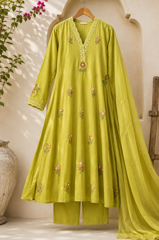 Olive Green Floral Embroidered Anarkali Kurta Set with Dupatta