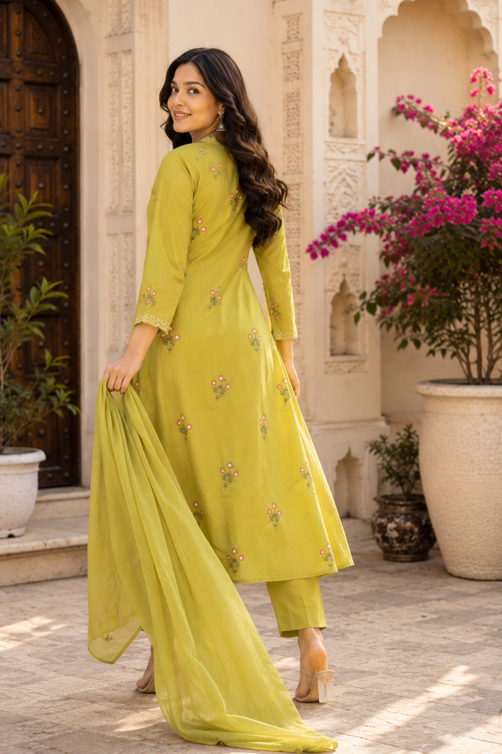 Olive Green Floral Embroidered Anarkali Kurta Set with Dupatta