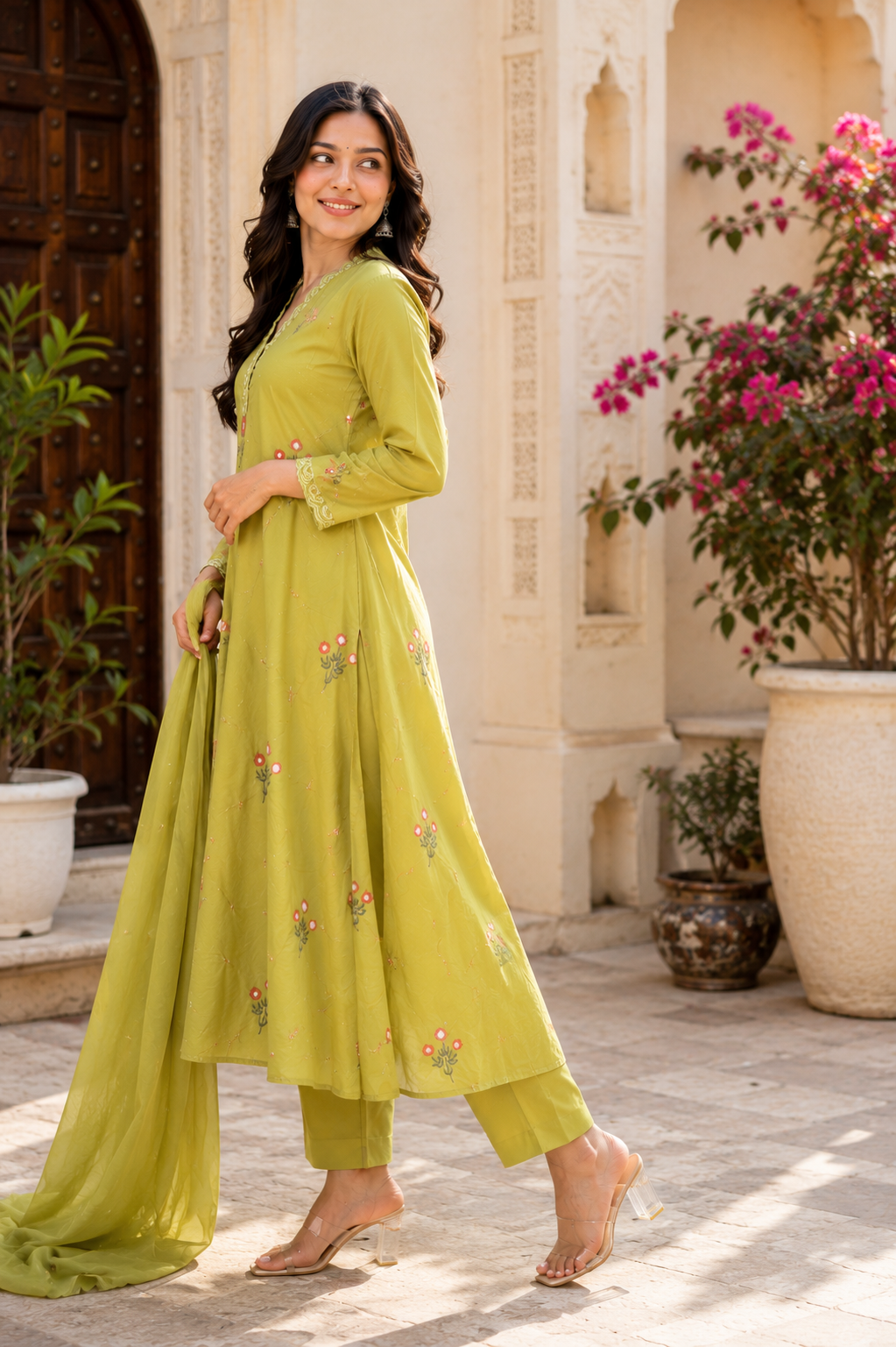 Olive Green Floral Embroidered Anarkali Kurta Set with Dupatta