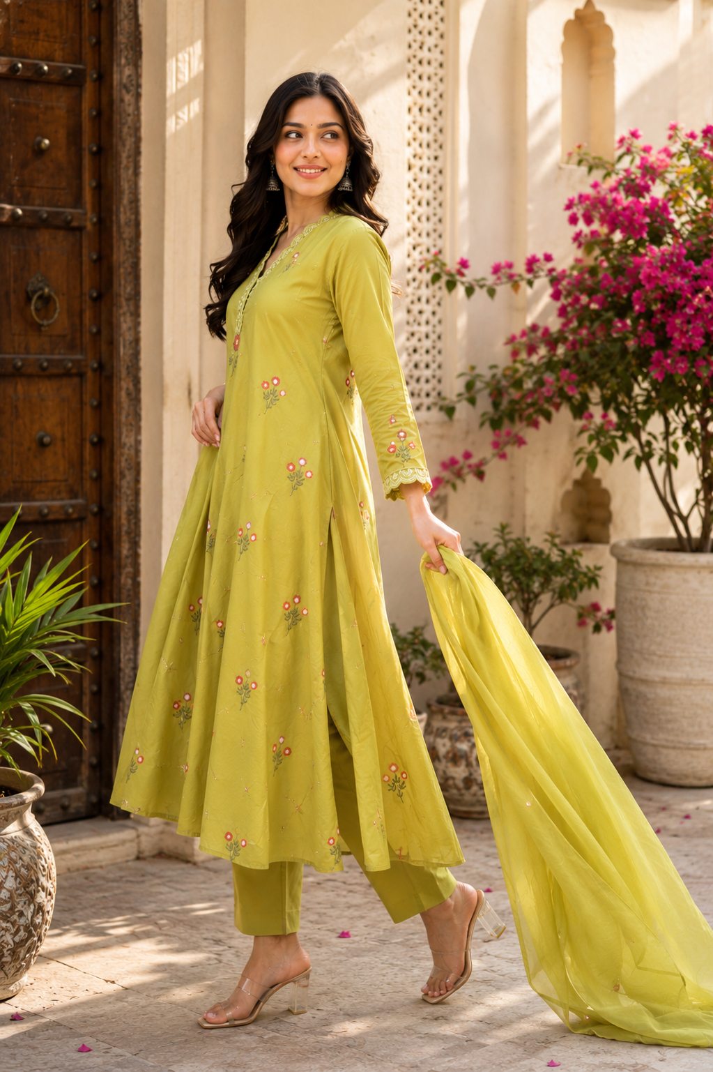 Olive Green Floral Embroidered Anarkali Kurta Set with Dupatta