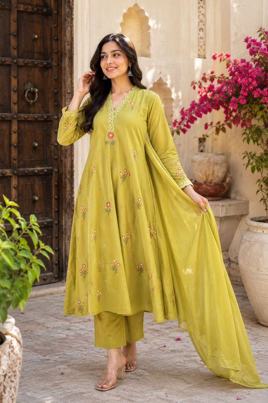 Olive Green Floral Embroidered Anarkali Kurta Set with Dupatta