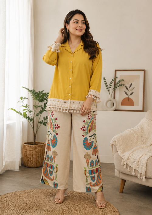 Sunlit Boho Mustard Co-Ord Set | Tassel Shirt & Printed Palazzo