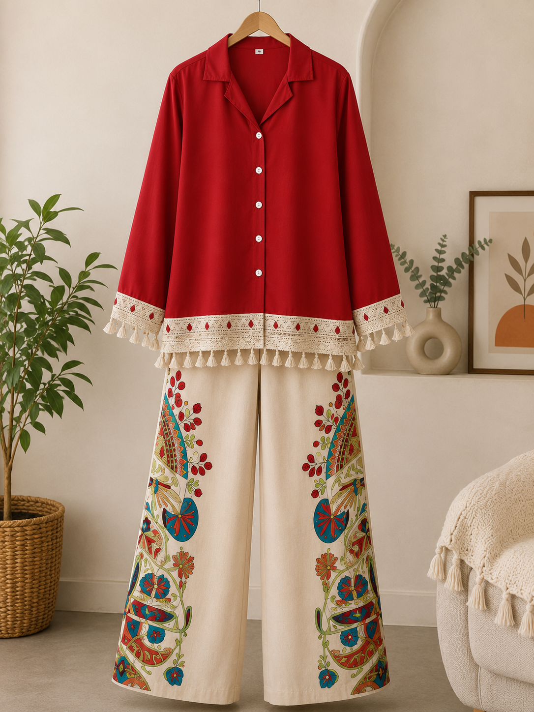 Sunlit Boho Rust Shade Co-Ord Set | Tassel Shirt & Printed Palazzo (Rust Red Shade)