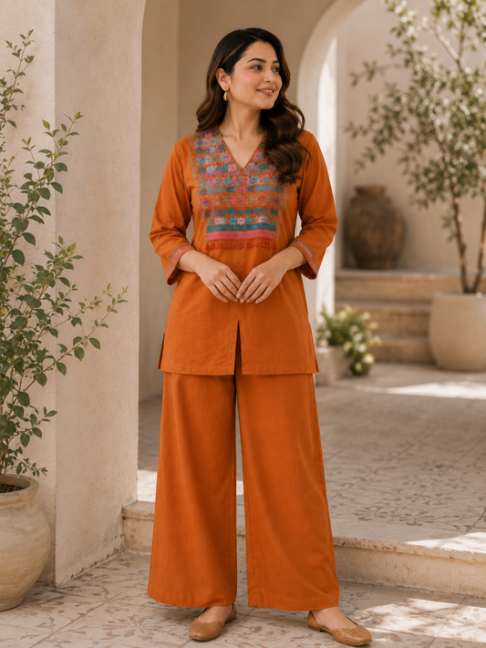 Co-ord set in warm earthy orange