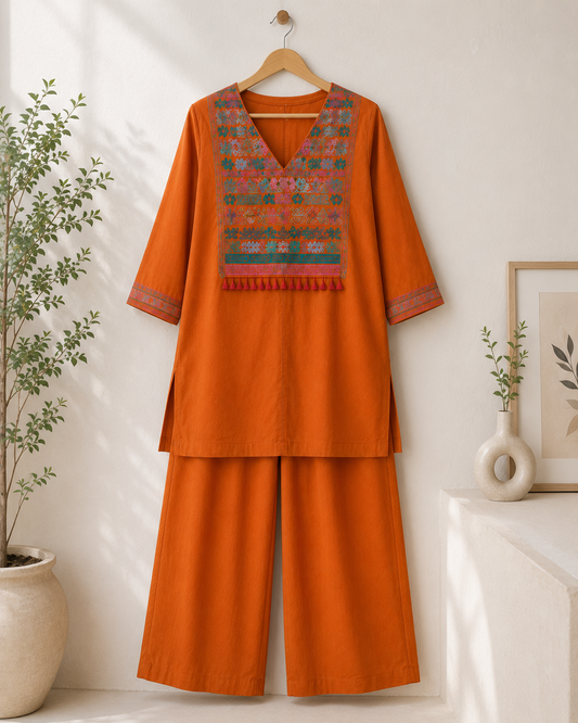 Co-ord set in warm earthy orange