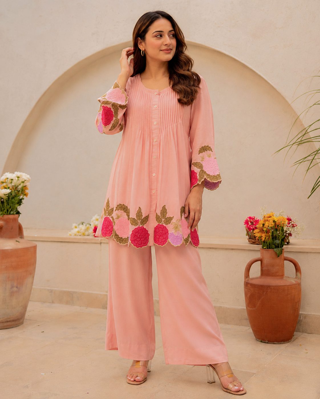 Handcrafted Embroidery Co-ord Set Pink