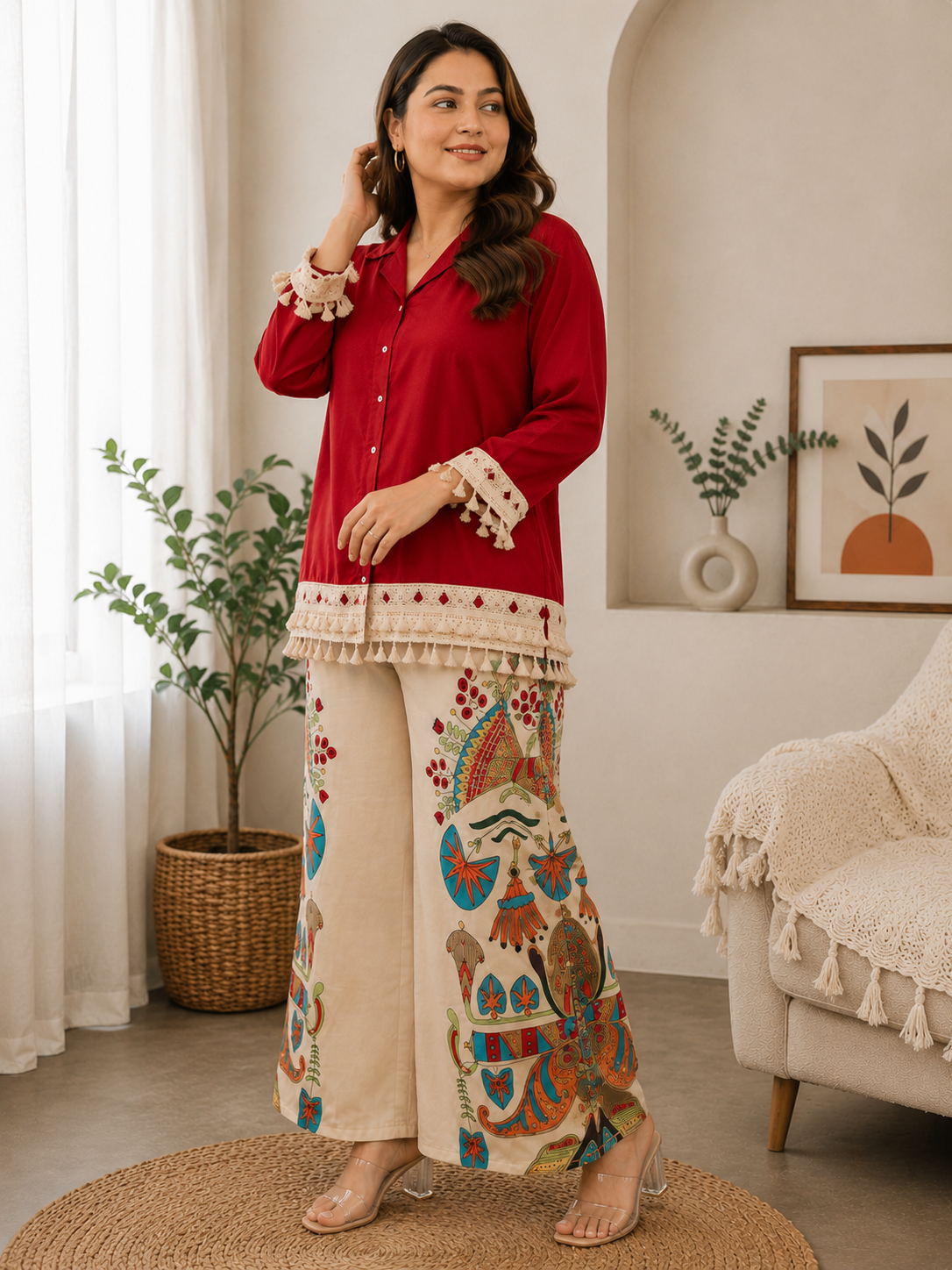 Sunlit Boho Rust Shade Co-Ord Set | Tassel Shirt & Printed Palazzo (Rust Red Shade)