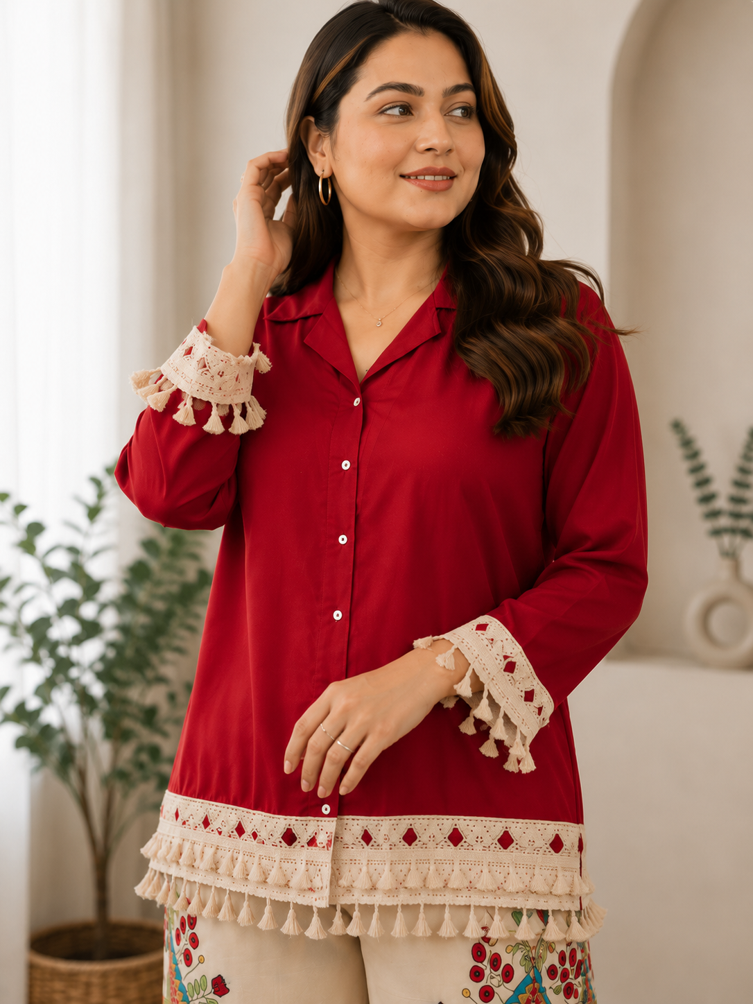 Sunlit Boho Rust Shade Co-Ord Set | Tassel Shirt & Printed Palazzo (Rust Red Shade)