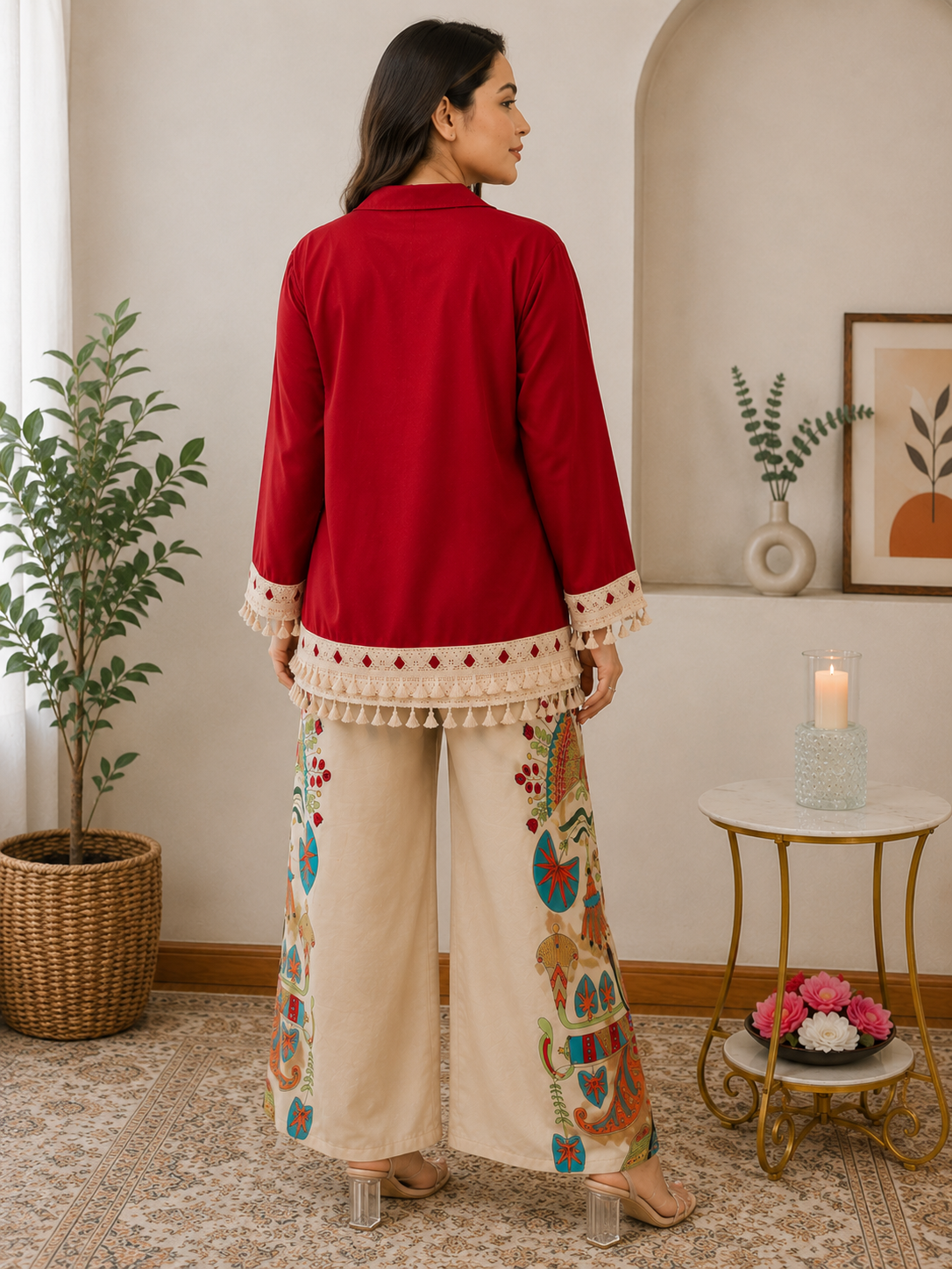Sunlit Boho Rust Shade Co-Ord Set | Tassel Shirt & Printed Palazzo (Rust Red Shade)