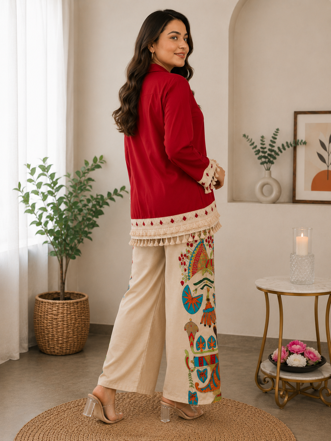 Sunlit Boho Rust Shade Co-Ord Set | Tassel Shirt & Printed Palazzo (Rust Red Shade)