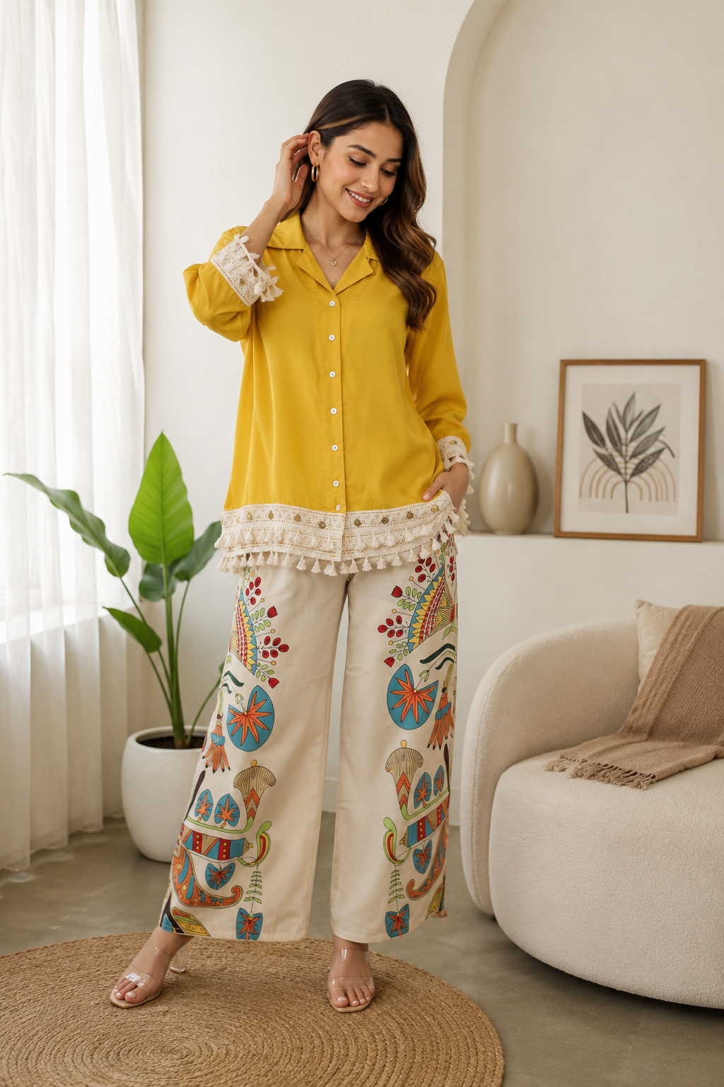 Sunlit Boho Mustard Co-Ord Set | Tassel Shirt & Printed Palazzo