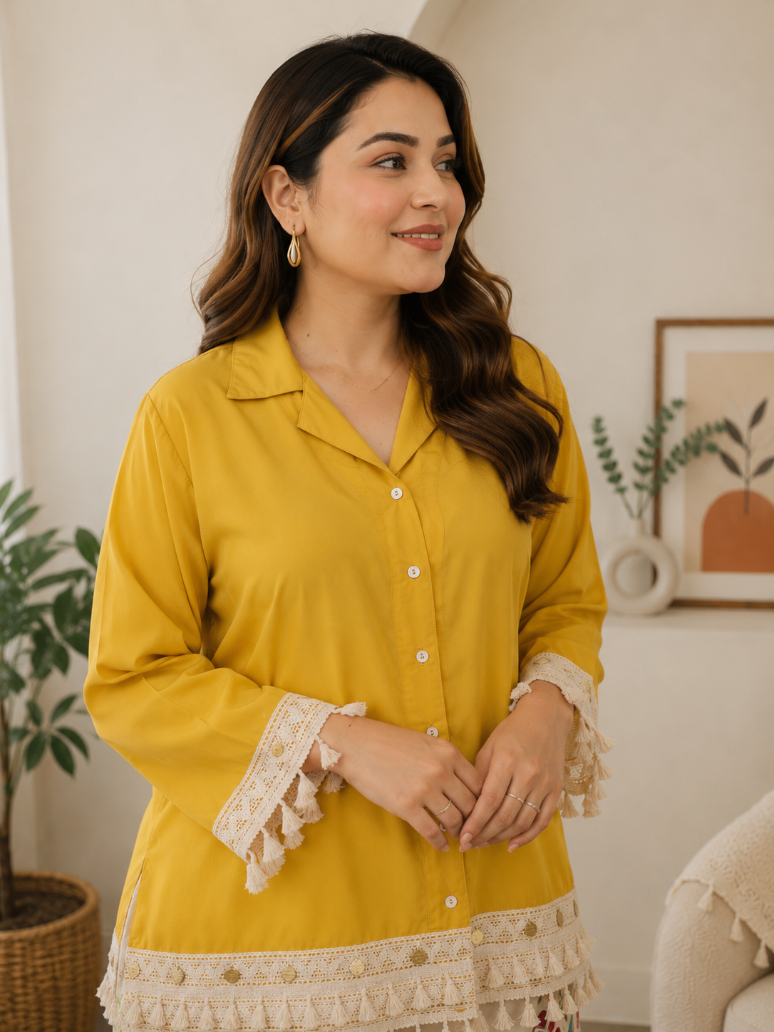 Sunlit Boho Mustard Co-Ord Set | Tassel Shirt & Printed Palazzo