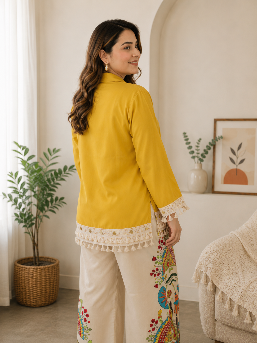 Sunlit Boho Mustard Co-Ord Set | Tassel Shirt & Printed Palazzo