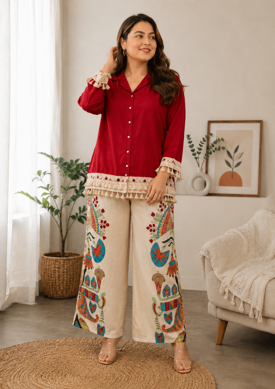 Sunlit Boho Rust Shade Co-Ord Set | Tassel Shirt & Printed Palazzo (Rust Red Shade)