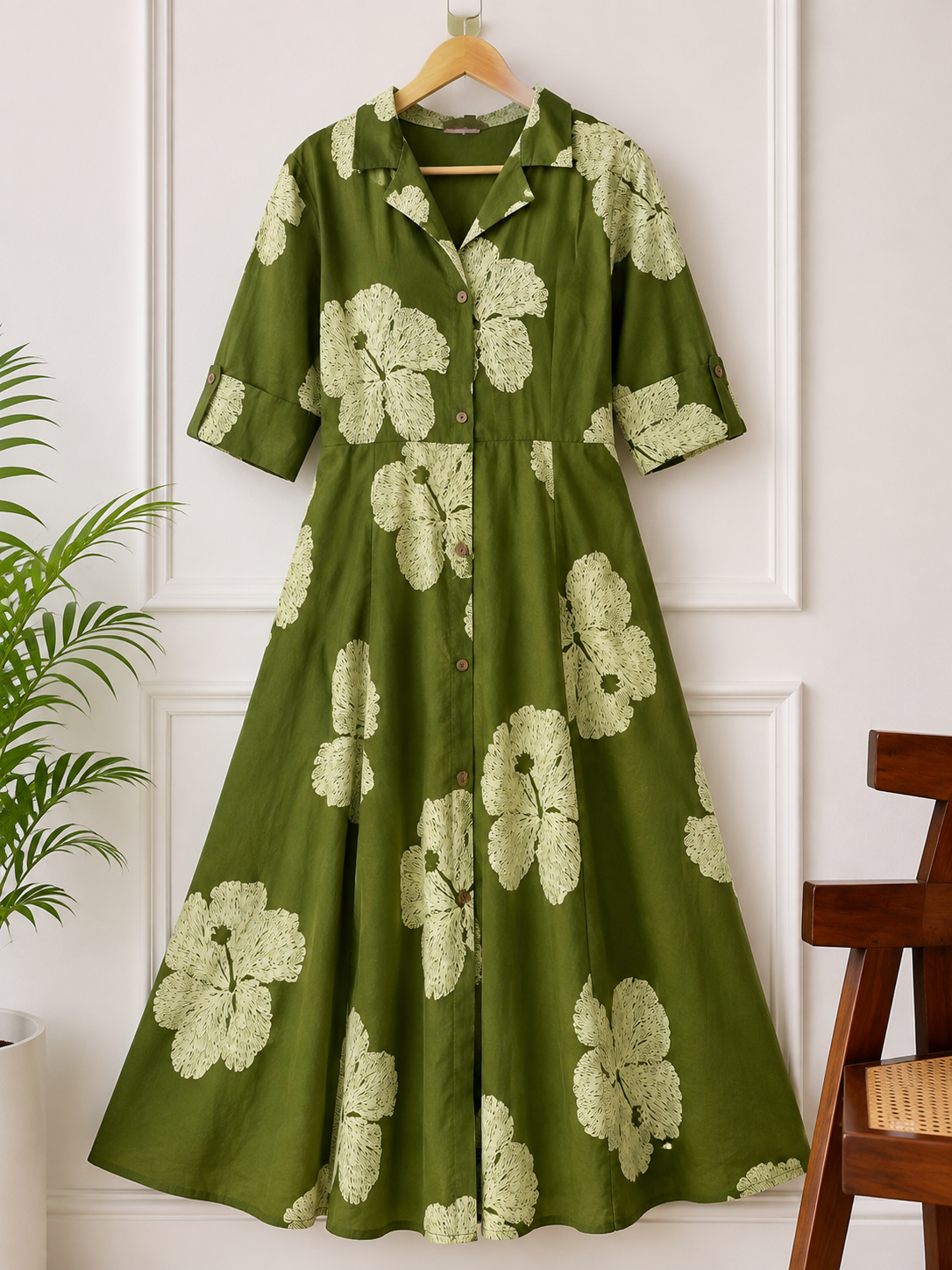 Olive Green Floral Printed Collared Button-Down Midi Dress