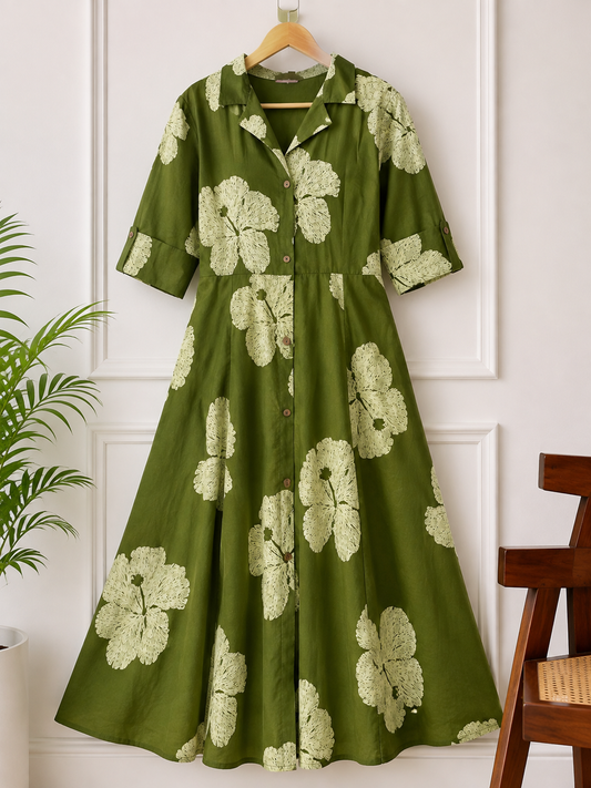 Olive Green Floral Printed Collared Button-Down Midi Dress