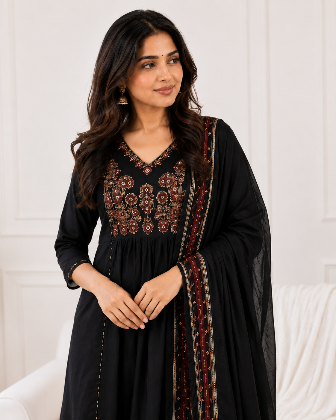 Black Embroidered Anarkali Kurta Set with Dupatta
