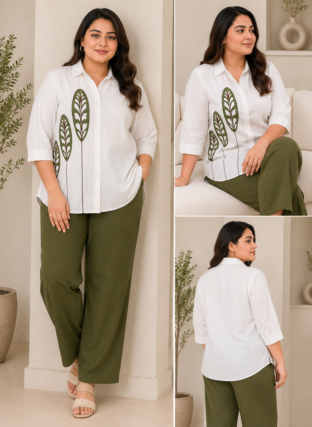 White Printed Cotton Blend Co-Ord Set with Olive Green Straight Pant