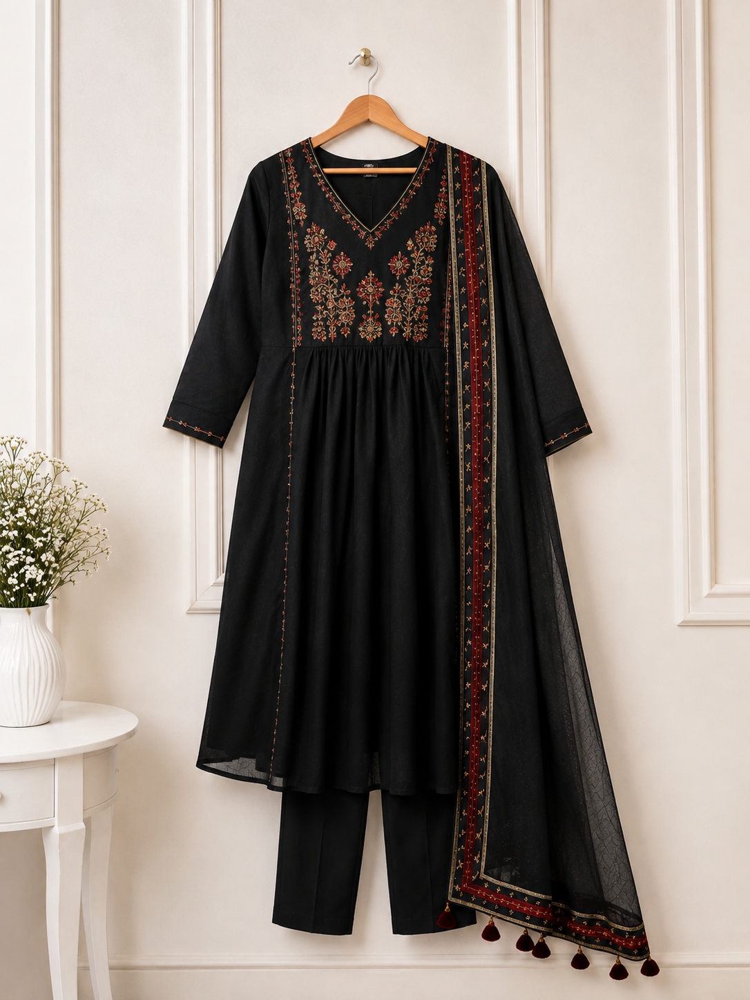 Black Embroidered Anarkali Kurta Set with Dupatta