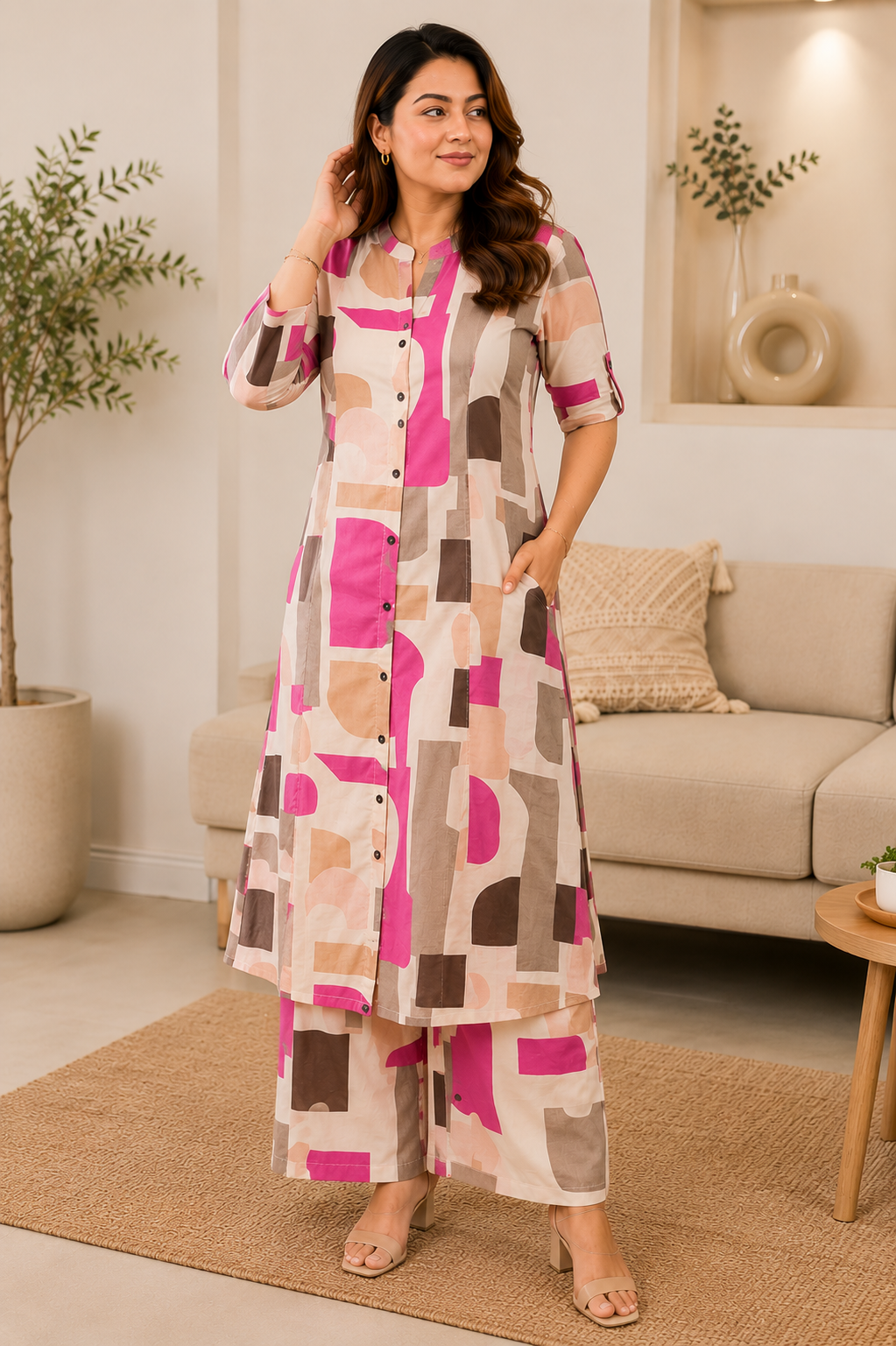 Blush Mosaic Pink Abstract Printed Cotton Co-Ord Set